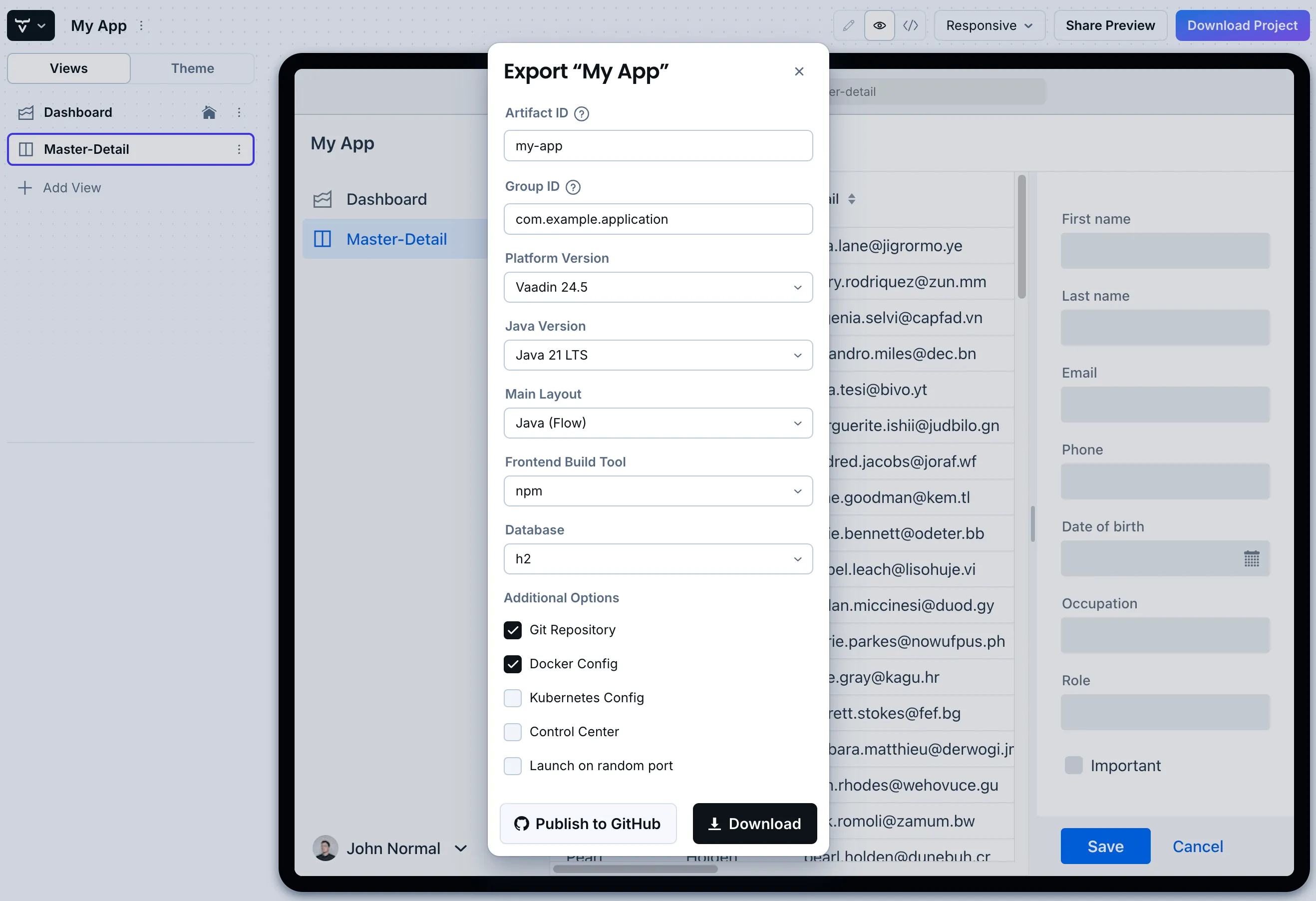 Vaadin Start Playground UI with Download Project Dialog